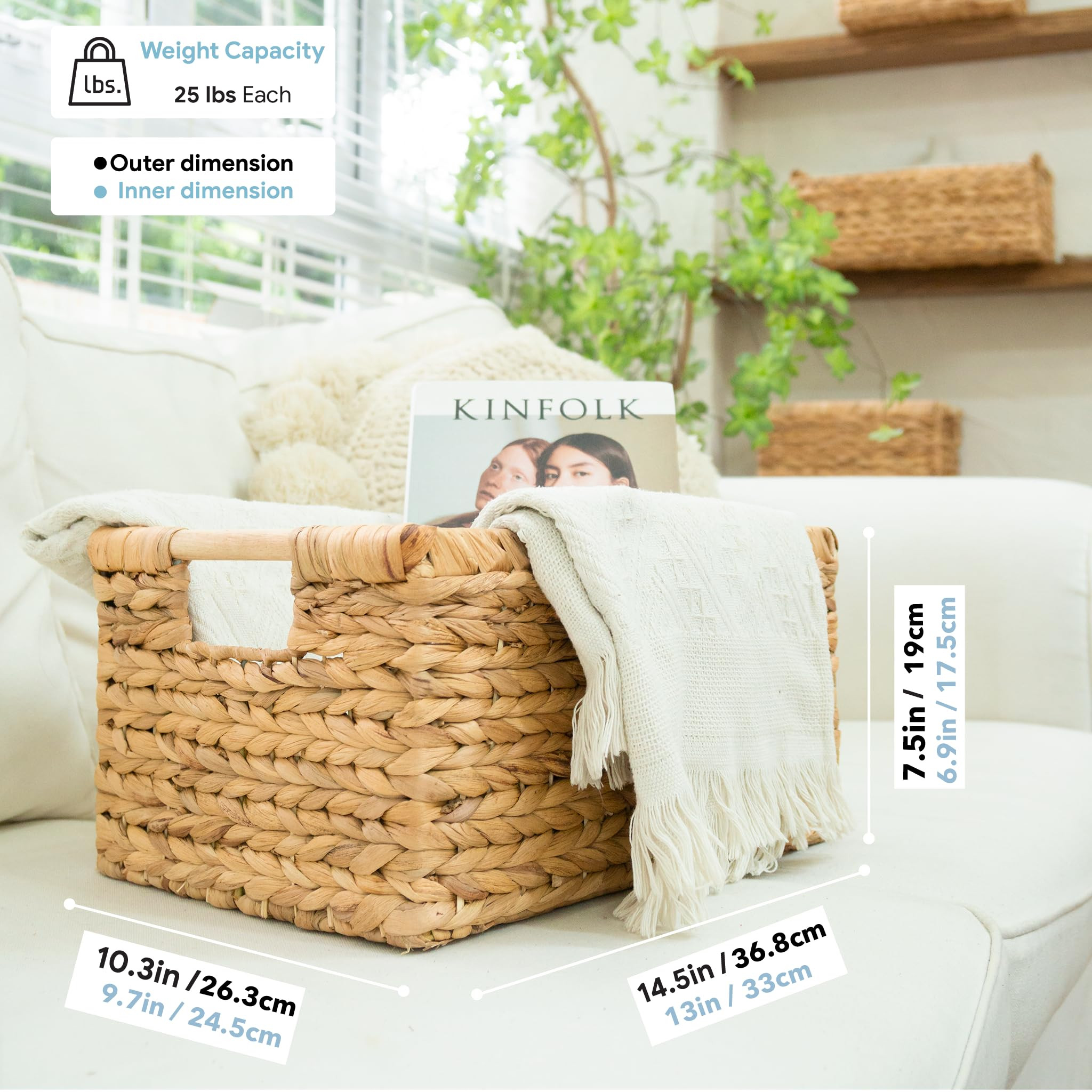 Large Wicker Basket Rectangular with Wooden Handles for Shelves, Water Hyacinth Basket Storage, N... | Amazon (US)