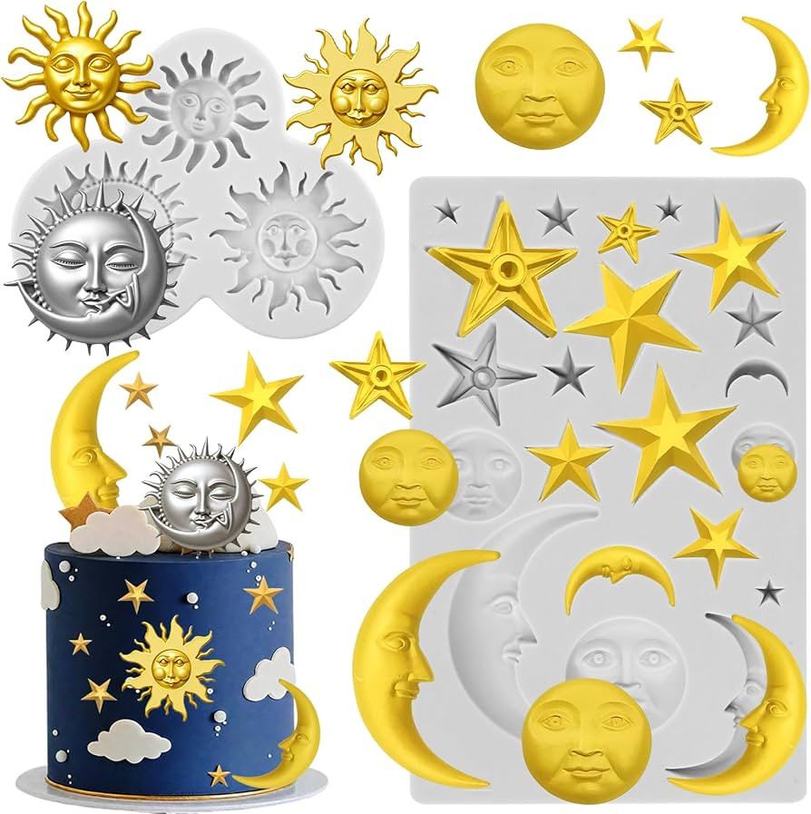 Sun Face Moon Star Silicone Molds 2Pcs Star Fondant Cake Mold Ramadan Eid Mubarak Chocolate Molds... | Amazon (US)