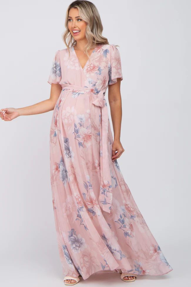 Pink Floral Chiffon Wrap Front Short Sleeve Maternity Maxi Dress | PinkBlush Maternity