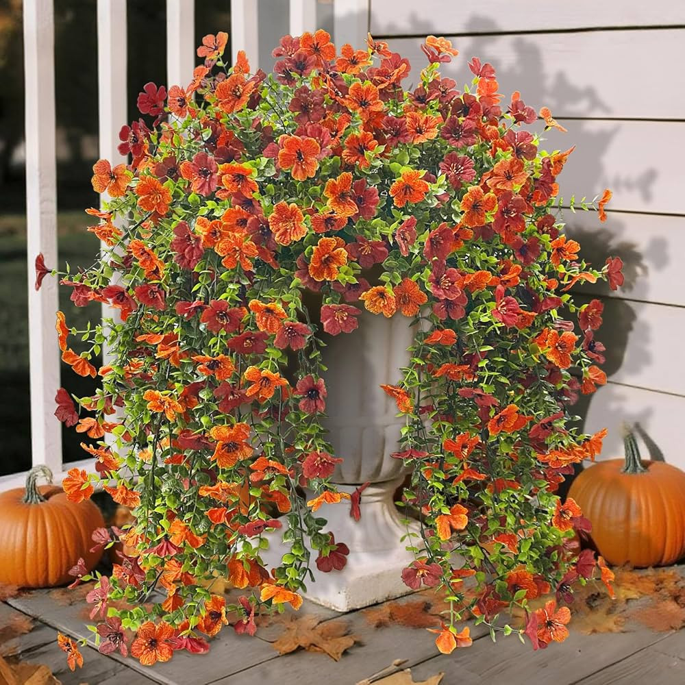 Ouddy Decor 4 Pack Artificial Fall Hanging Flowers for Outdoors Decoration, Faux Mums Silk Daisy ... | Amazon (US)