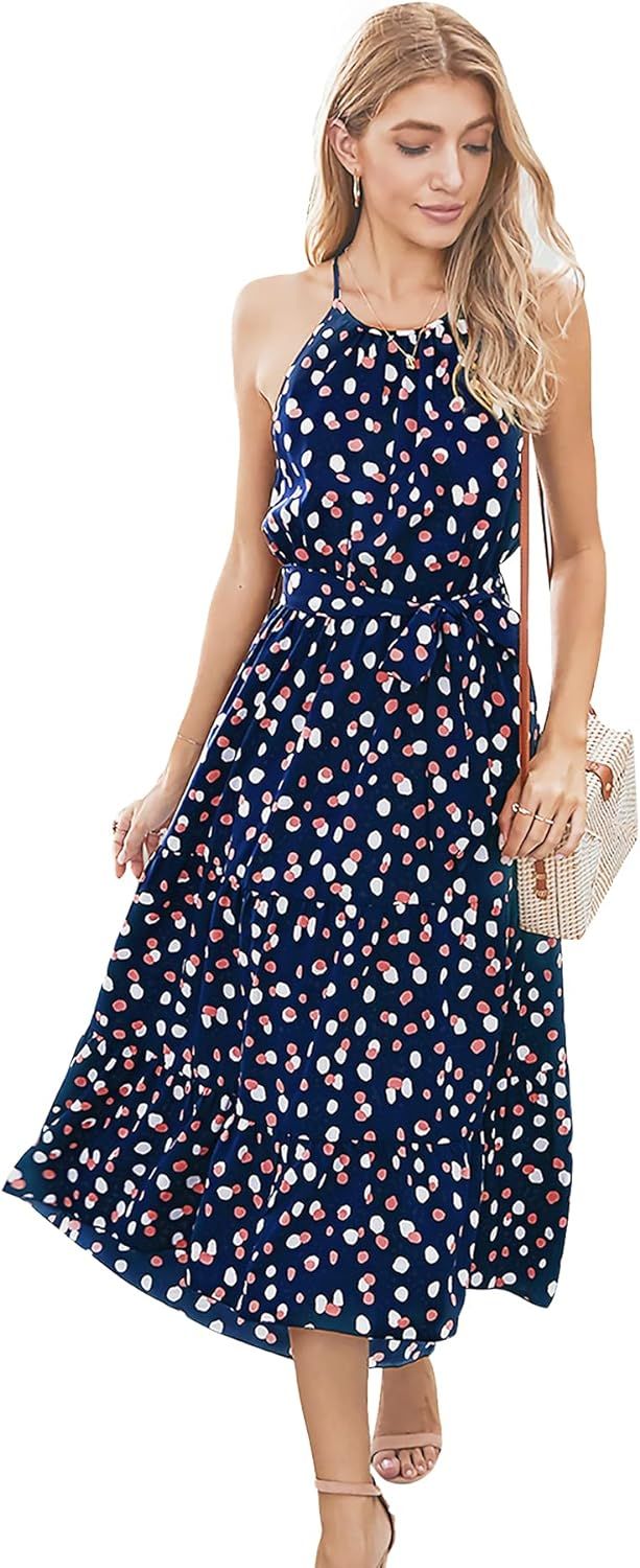 Women's Summer Casual Maxi Dress Halter Neck Sleeveless Polka Dot Beach Sundress with Belt | Amazon (US)