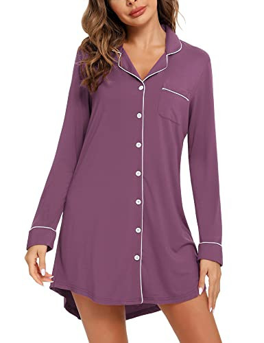 Anjue Purple Pajamas for Women Button Up Nightgowns for Women Pajama Shirts for Women Soft Cotton(Purple,M) | Amazon (US)