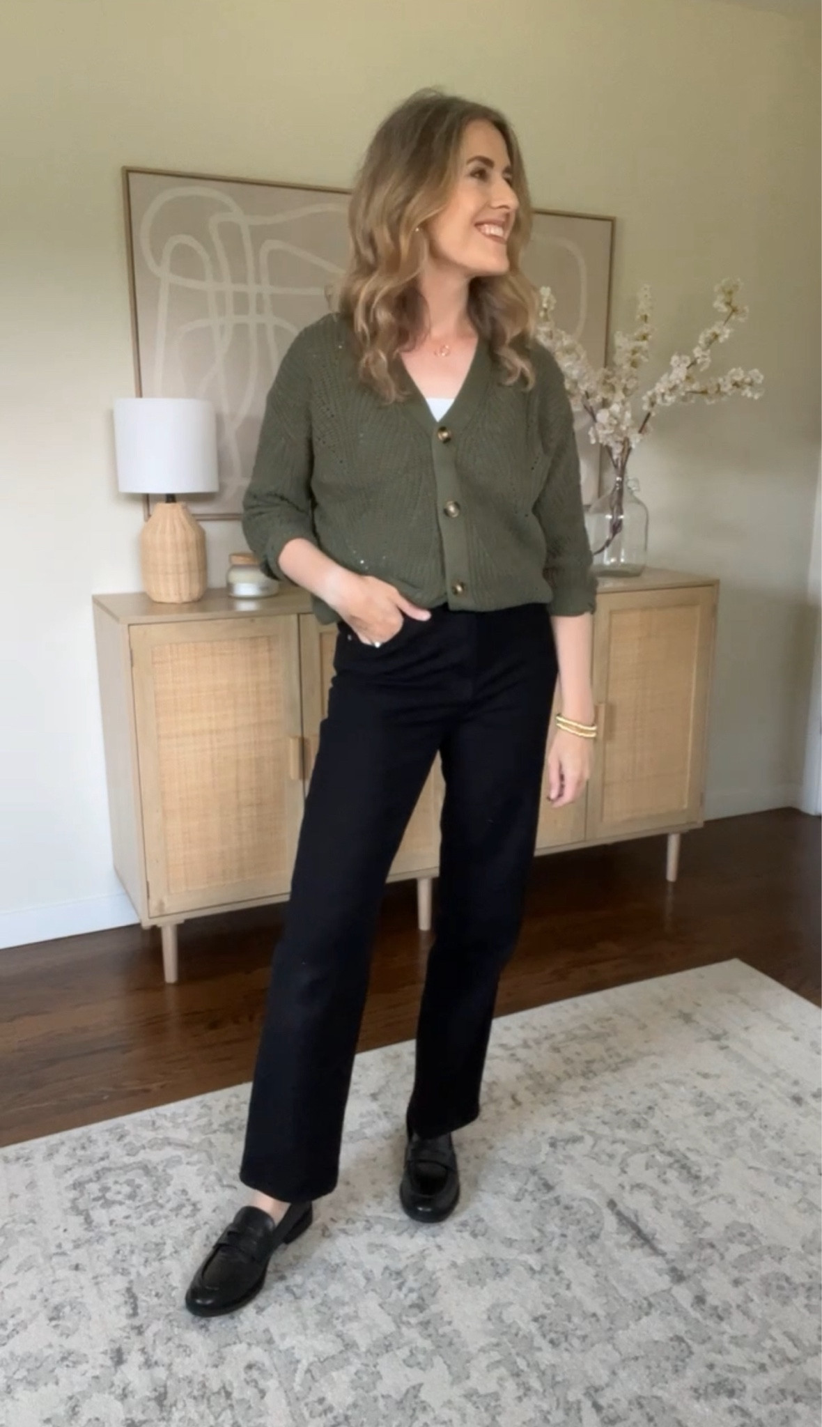 Walmart causal work outfit with this boyfriend cardigan (I’m in an XS, need a small)
High rise jeans tts 6
Loafers are comfy! Fit true to size 

#LTKStyleTip #LTKFindsUnder100 #LTKFindsUnder50