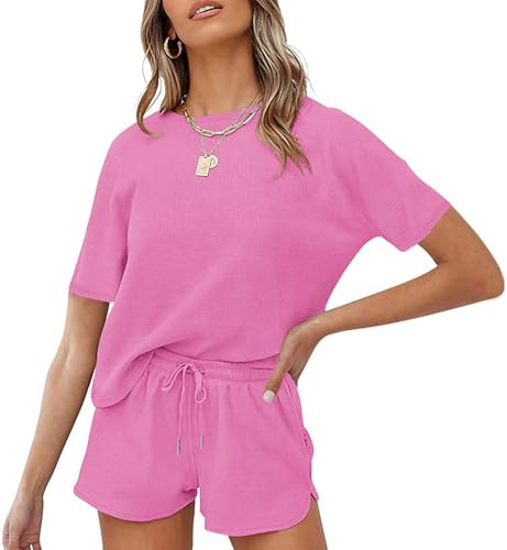 MEROKEETY Women's Waffle Pajama Sets 2 Piece Lounge Outfits, Rosepink, M | Amazon (US)