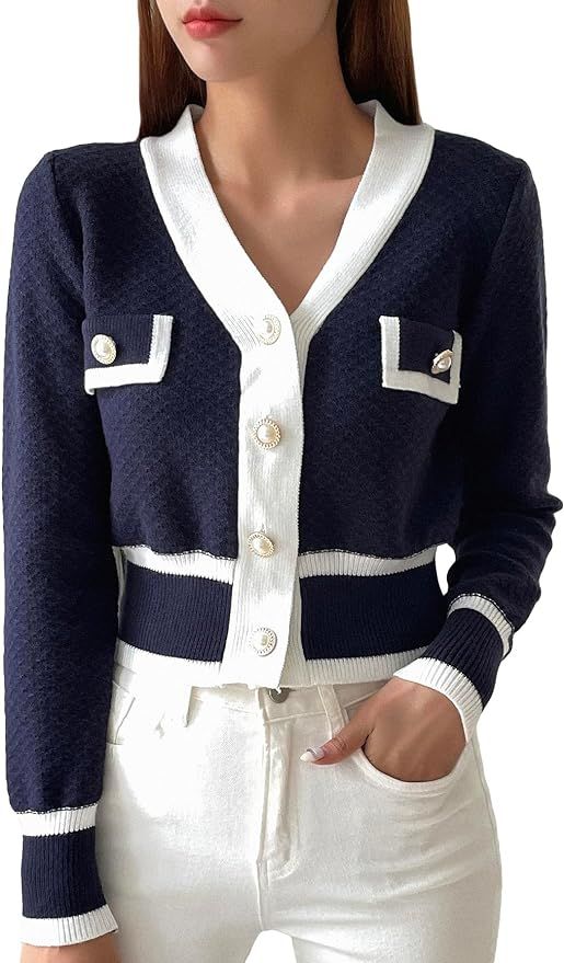 Floerns Women's Contrast Trim Long Sleeve Button Front V Neck Cardigan | Amazon (US)