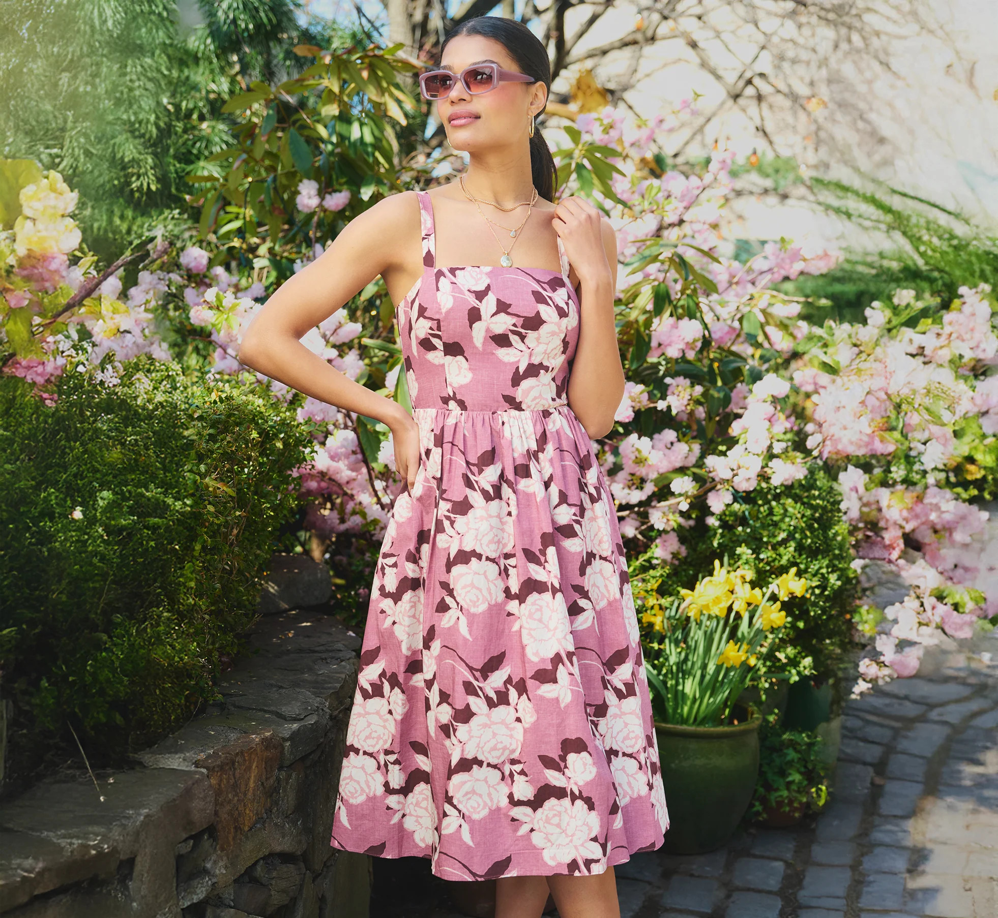 Blush Printed Cotton Blaire Midi Dress - Adrianna Papell | Adrianna Papell