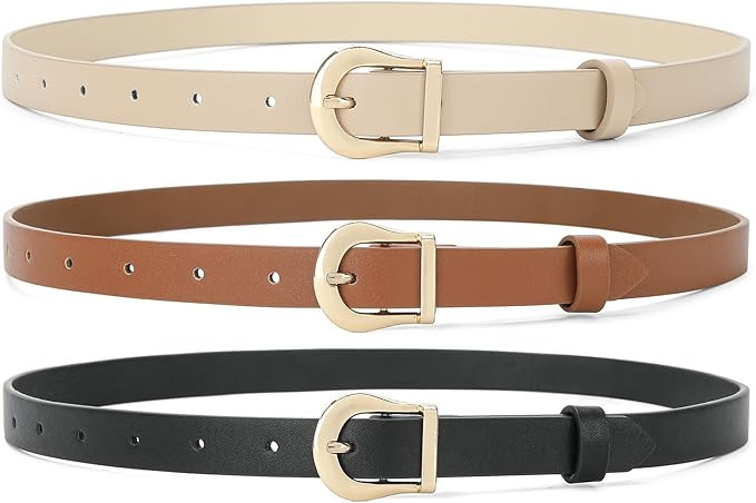 3 Pack Belts for Women Jeans Dress Skinny Belts for Ladies Faux Leather Thin Waist Belt | Amazon (US)