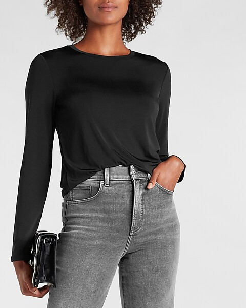 Slinky Rib Skimming Long Sleeve Crew Neck Tee | Express