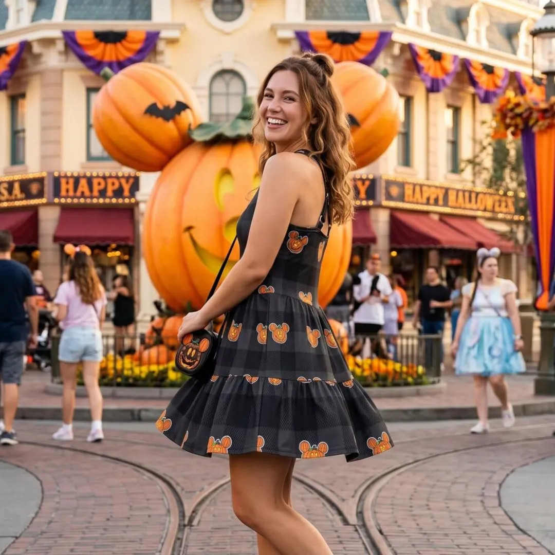 Vibrant Disney Mickey Pumpkin Gingham Women Crossback Dress, Iconic Halloween Pumpkin Head Outfit... | Etsy (Global)