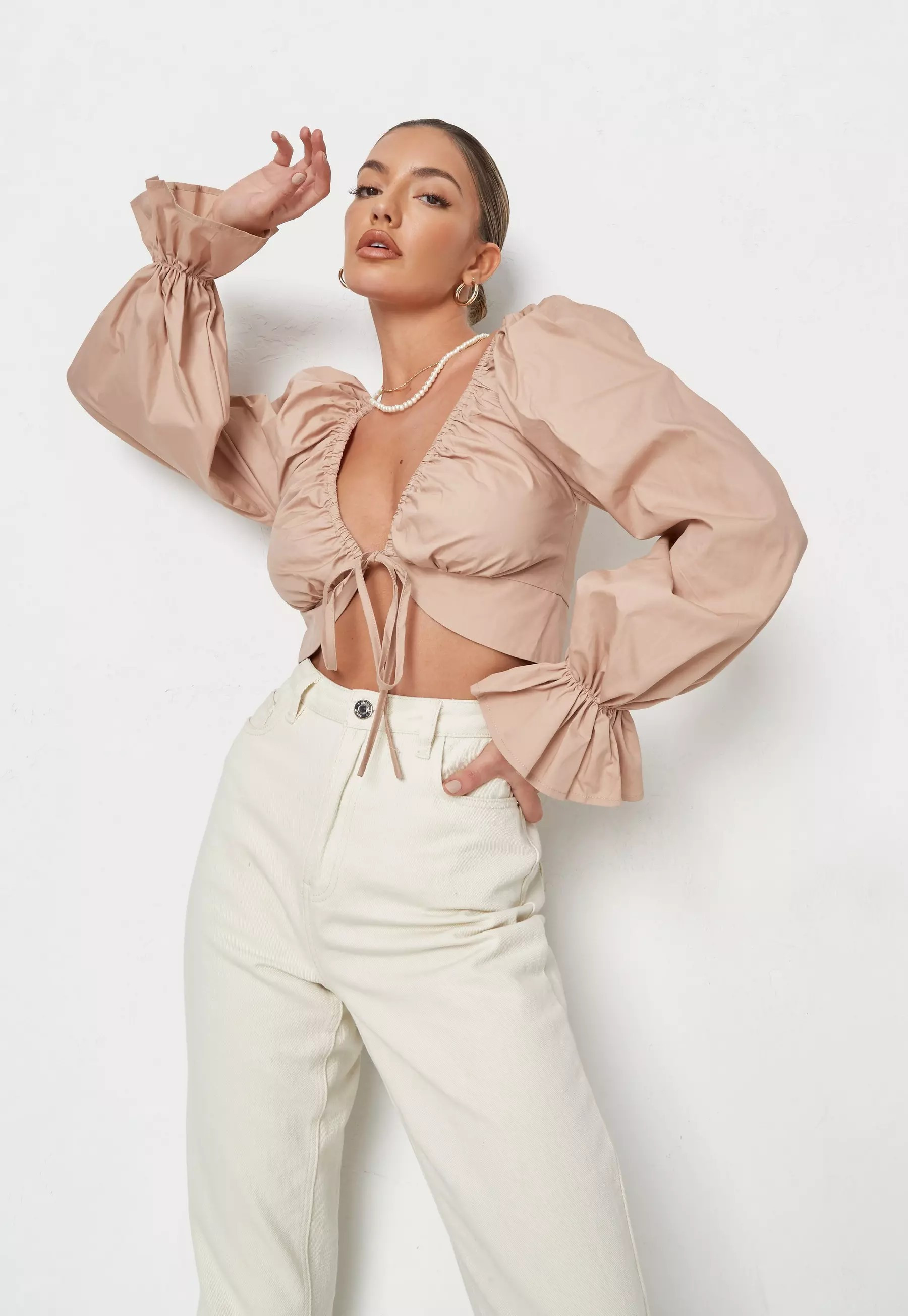 Stone Poplin Tie Front Crop Top | Missguided (US & CA)