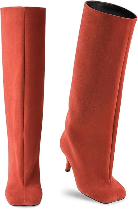 Oh Mispares Women's Nude Suede Knee High Boots - Square Toe Wide Calf Stiletto Low Heels - Fashio... | Amazon (US)