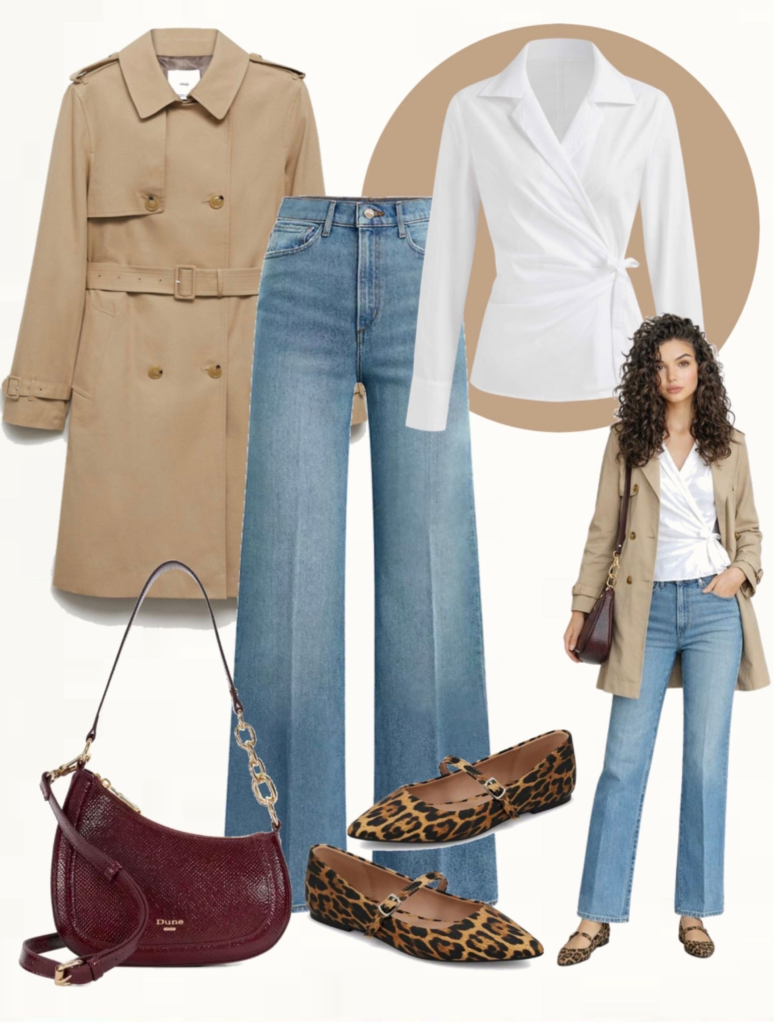 Beige trench coat styled with a white wrap shirt, light wash straight-leg jeans, leopard print Mary Jane flats, and a burgundy shoulder bag.
#springfashion #outfitformula #chicstyle

#LTKootd #LTKOver40 #LTKSeasonal