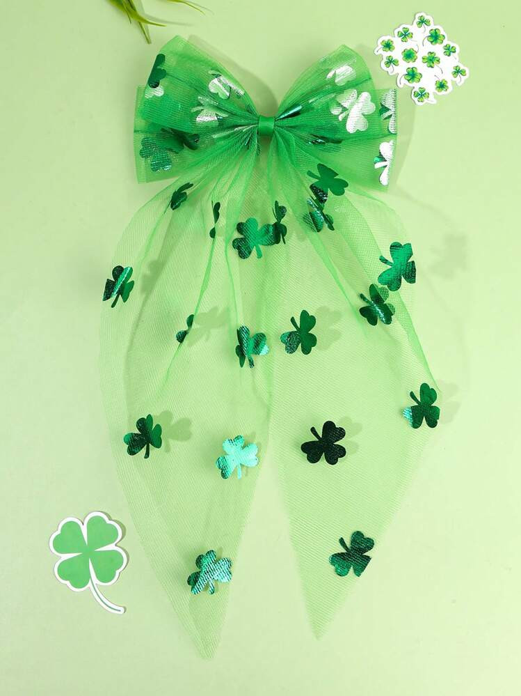 1pc St Patrick's Day Green Bow Hair Clips For Girls,Tulle Oxalis Corniculata L. Print Hair Bows F... | SHEIN