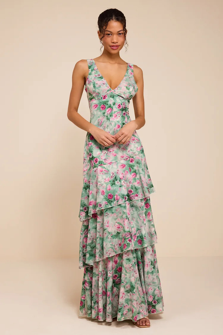 Somerset Sage Multi Floral Tiered Maxi Dress | Lulus