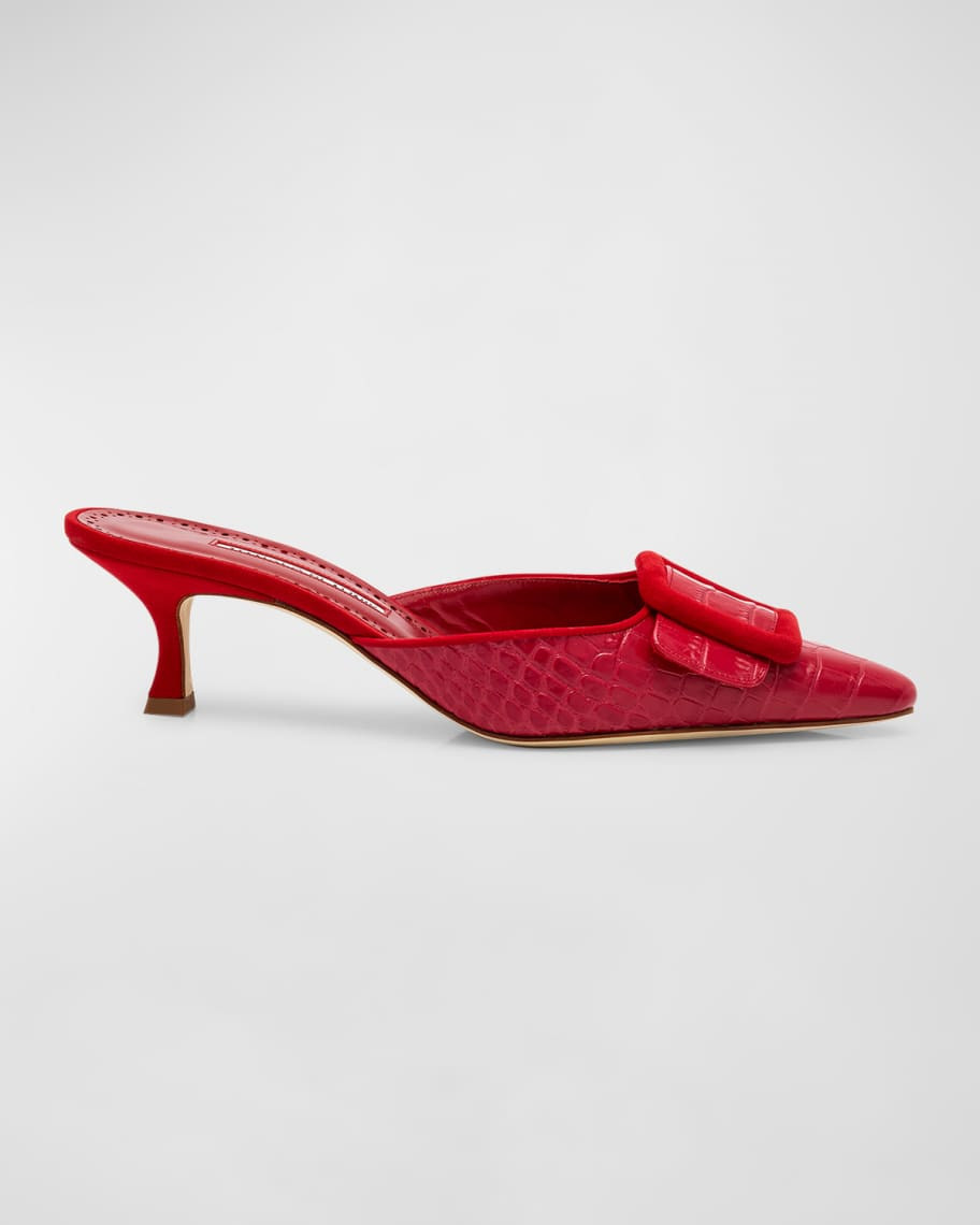 Manolo Blahnik Maysale Croco Buckle Mule Pumps | Neiman Marcus
