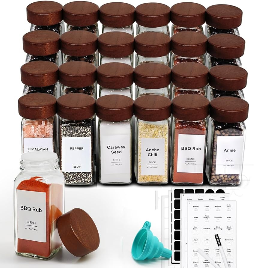 24 Pcs Spice Jars, 4oz Seasoning Containers with Acacia Wood Shaker Lids, Glass Spice Bottles wit... | Amazon (US)