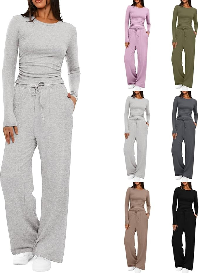 Gumipy 2 Piece Sets for Women Lounge Sets Long Sleeve Shirts Matching Wide Leg Pants Two Piece Se... | Amazon (US)