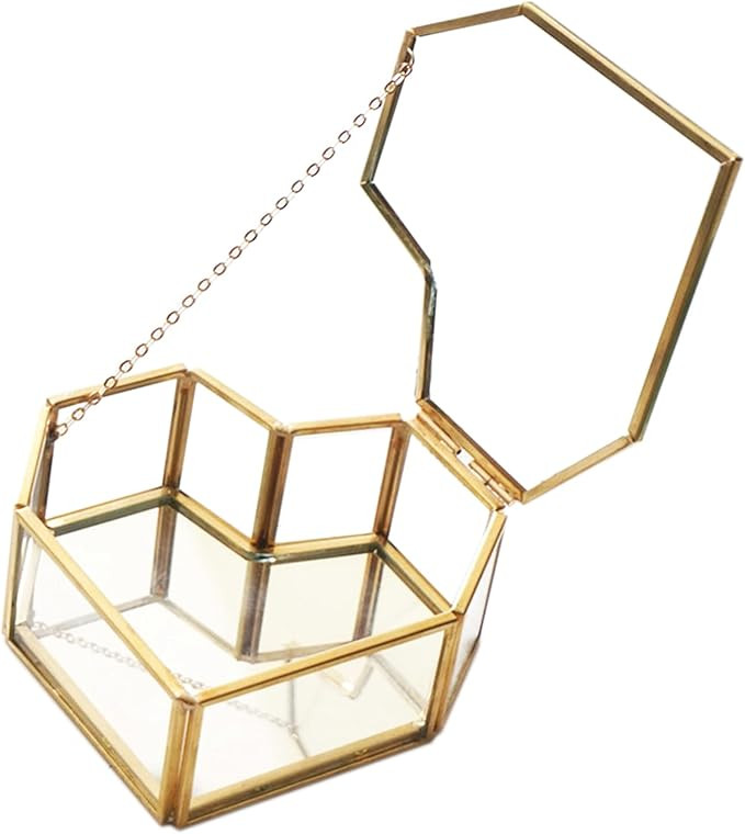 Small Glass Jewelry Box Clear Wedding Ring Box Heart Glass Trinkets Box with Lid Gold Glass Makeu... | Amazon (US)