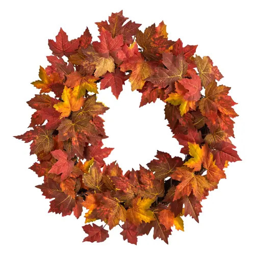 NEARLY NATURAL 22-in Maple Leaf Artificial Wreath in Orange at Nordstrom | Nordstrom