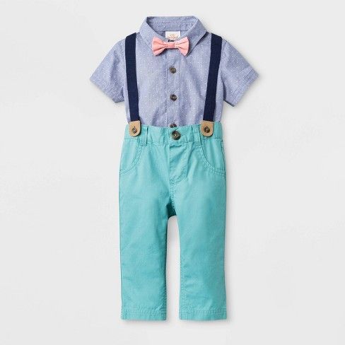 Baby Boys' Short Sleeve Woven Bodysuit with Bowtie and Long Pants - Cat & Jack™ Blue/Green | Target