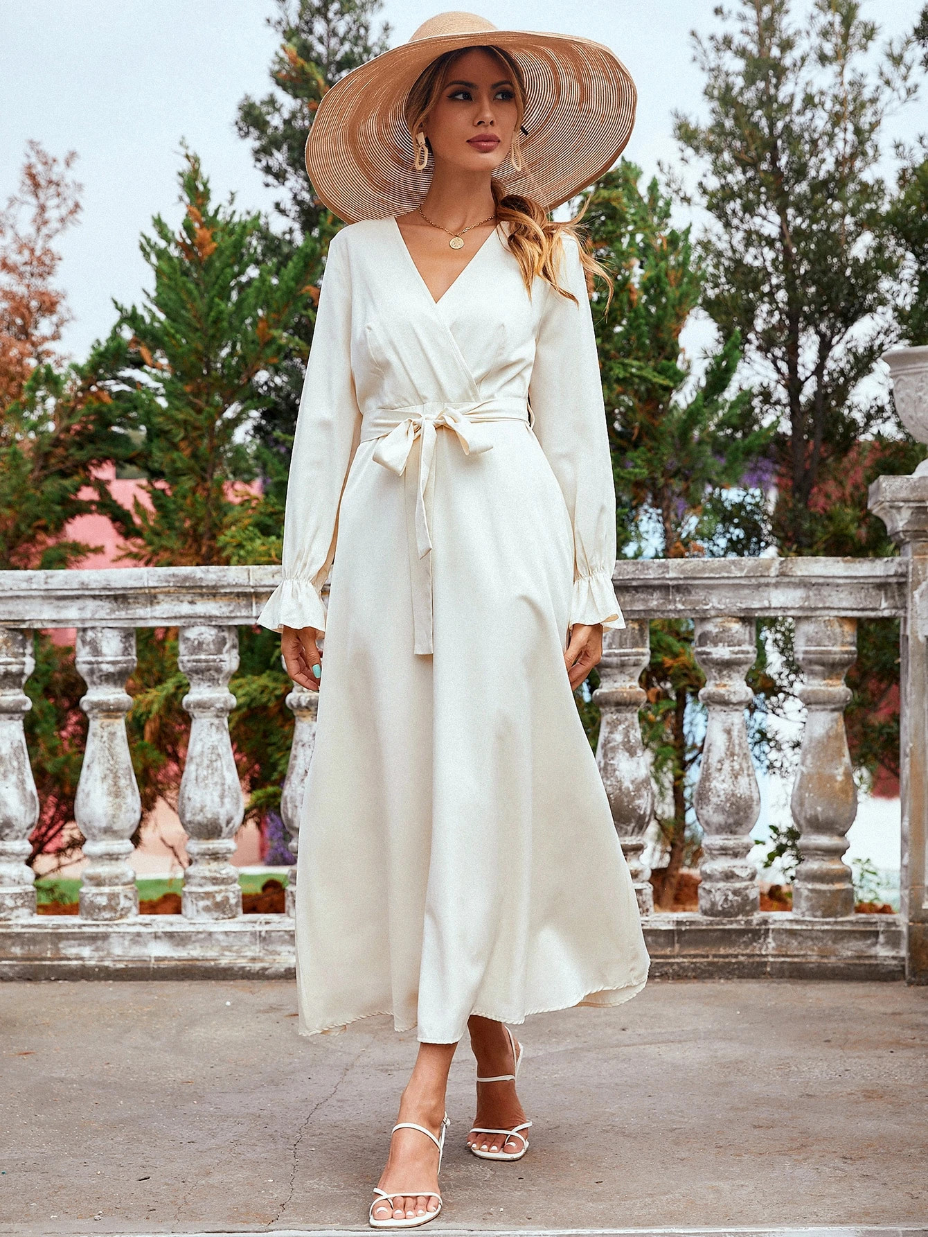 Solid Belted Surplice Neck Dress | SHEIN