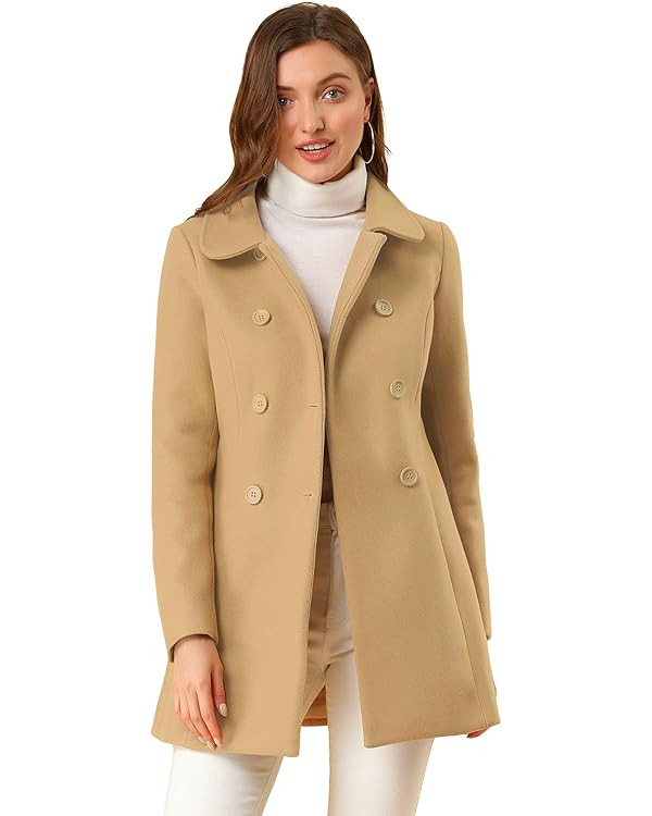 Allegra K Women's Peter Pan Collar Double Breasted Winter Long Trench Pea Coat | Amazon (US)