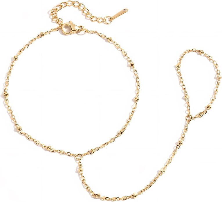 18K Gold Plated Hand Chain Bracelet for Women, Dainty Adjustable Finger Ring Bracelets Stainless ... | Amazon (US)
