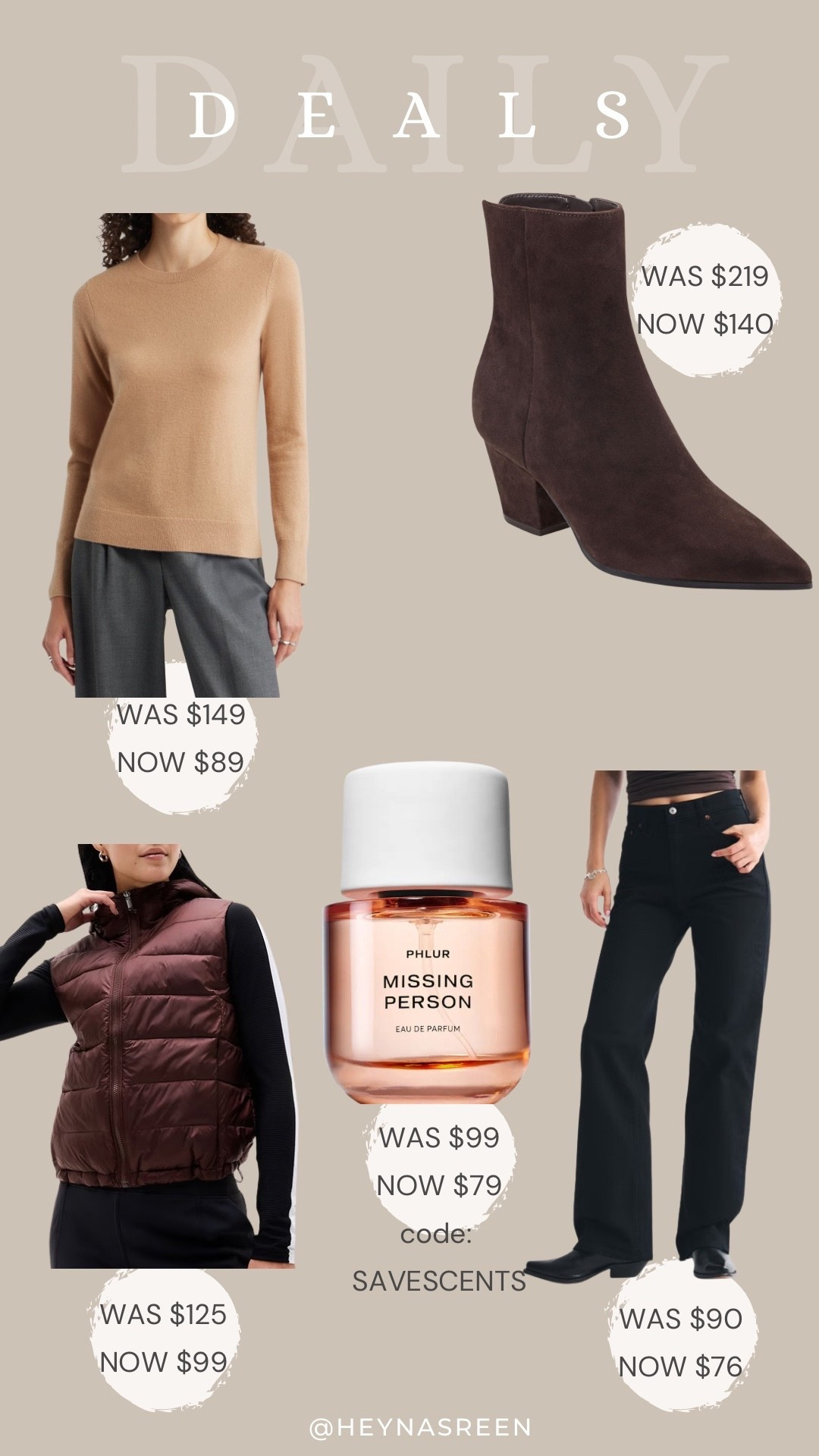 Daily deals on Nordstrom cashmere sweater, Marc Fischer booties, Abercrombie jeans, PHLUR perfume, Athleta puffer vest 