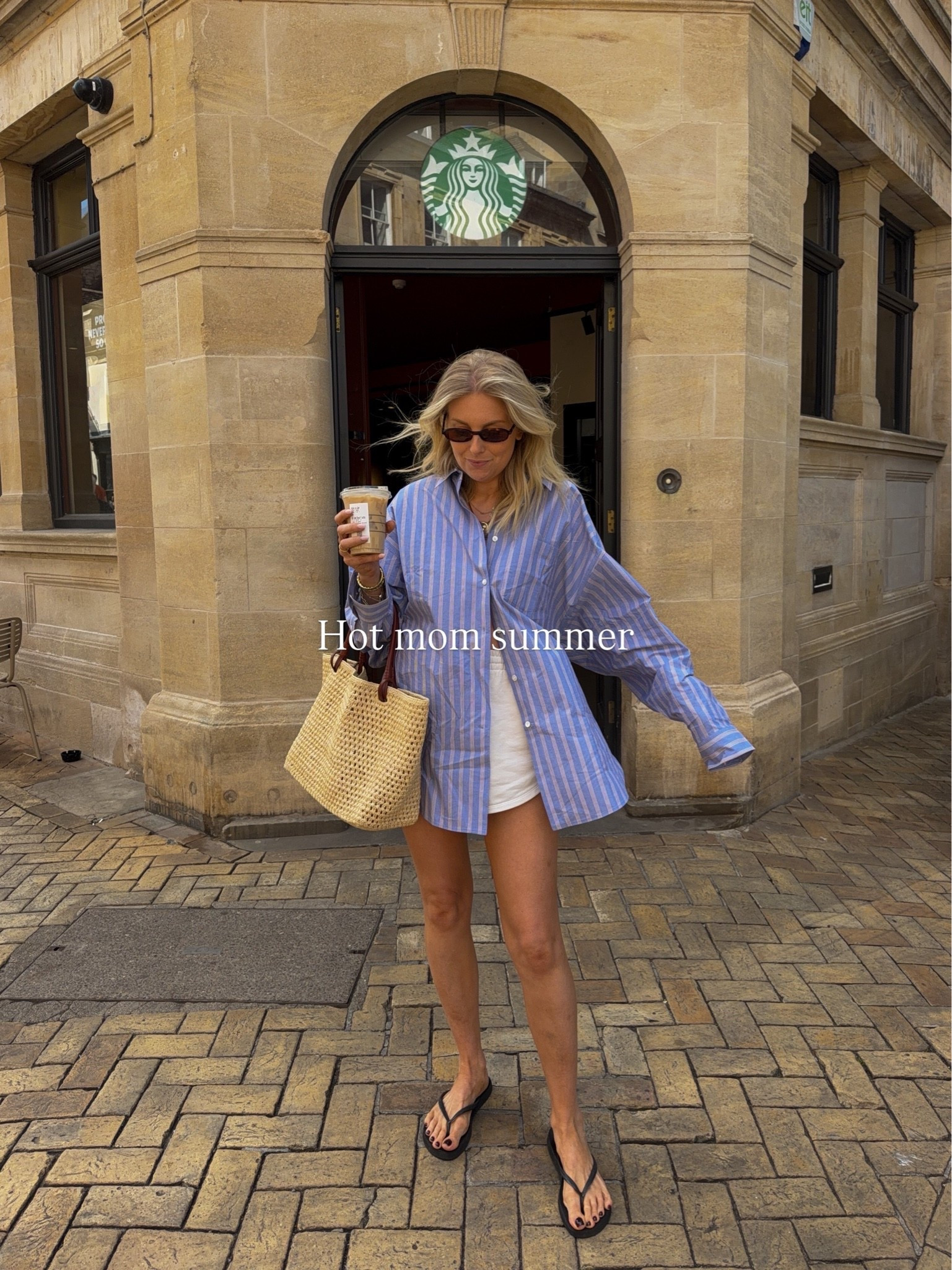 Summer outfit inspo, hot mum summer , oversized shirt, cream shorts, black flip flops, basket bag

#LTKuk #LTKsummer #LTKstyletip
