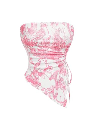 Milumia Women's Floral Print Strapless Tube Top Ruched Drawstring Asymmetrical Tank Tops Hot Pink Medium | Amazon (US)