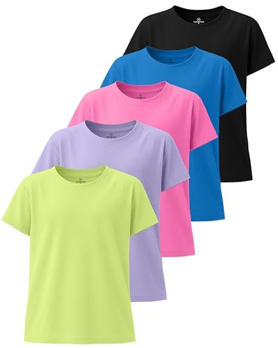 Real Essentials 5 Pack: Girls' Short Sleeve Dry-Fit Athletic T-Shirt - Active Gym Crew Neck Tops for Teens Kids - Set 5, M (8-10) | Amazon (US)