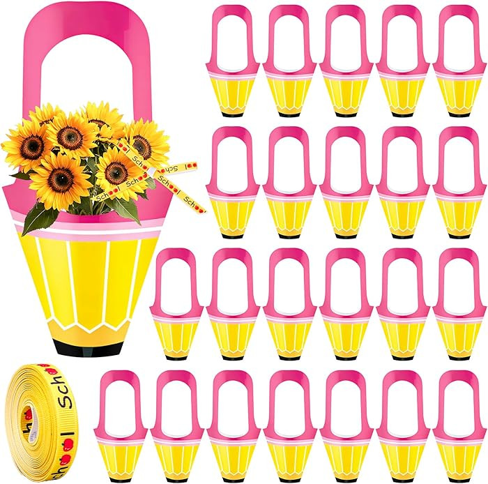 AnyDesign 20Pcs Teacher Appreciation Week Flower Gift Bags with Handle & Craft Ribbon Pencil Shap... | Amazon (US)