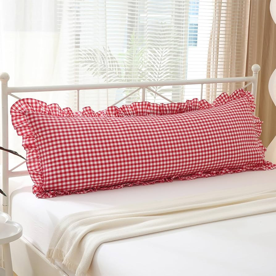 Red White Plaid Body Pillow Cover with Ruffles 20x54 inches, 100% Cotton Rustic French Country Vi... | Amazon (US)