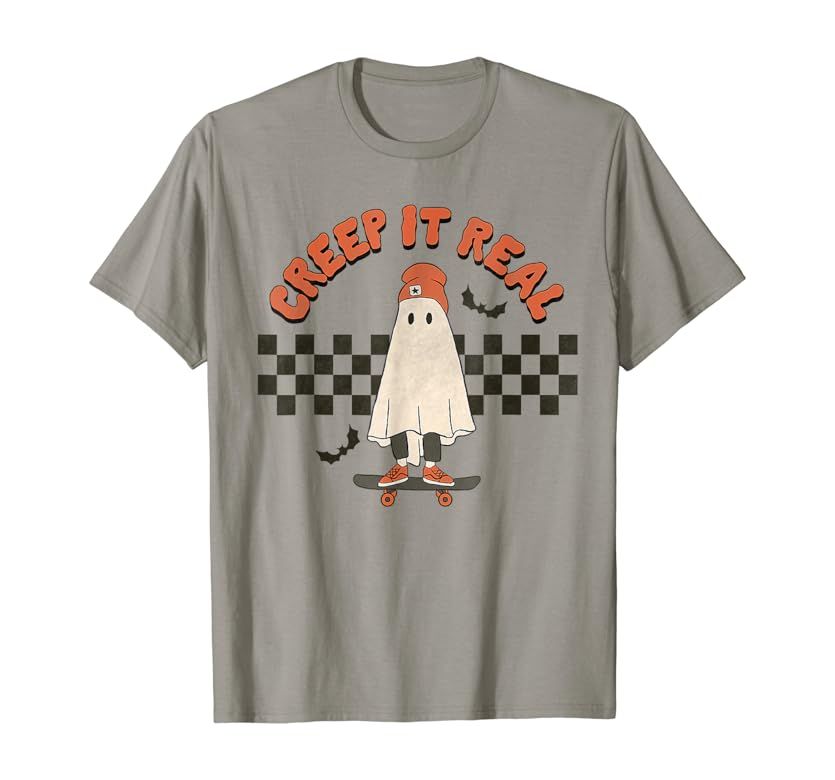 Funny Halloween Creep It Real Retro Skateboarding Ghost T-Shirt | Amazon (US)