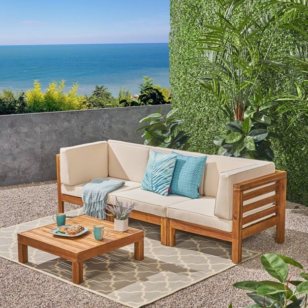 Oana 4pc Acacia Modular Sofa and Table Set - Teak/Beige - Christopher Knight Home | Target
