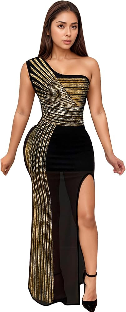 PORRCEY Women Sexy Elegant Rhinestone Mesh See Through Evening Dresses Party Club Night Clubwear | Amazon (US)