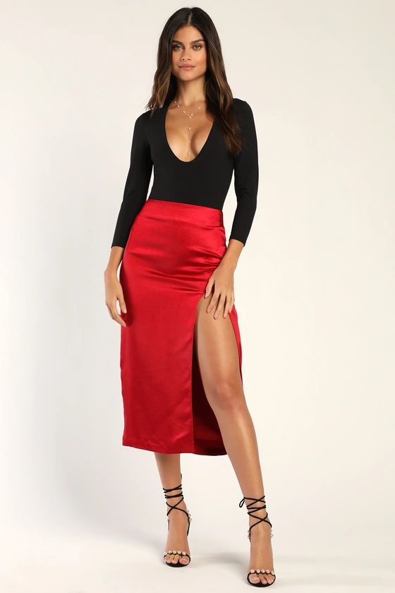 Headed to Happy Hour Red Satin Midi Skirt | Lulus (US)