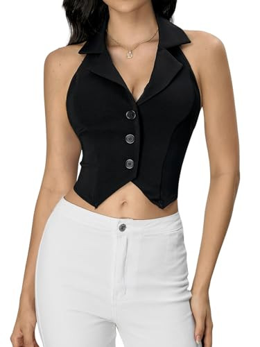 Verdusa Women's Notch Neck Backless Asymmetrical Hem Button Front Crop Blazer Vest Black Vest X-Small | Amazon (US)
