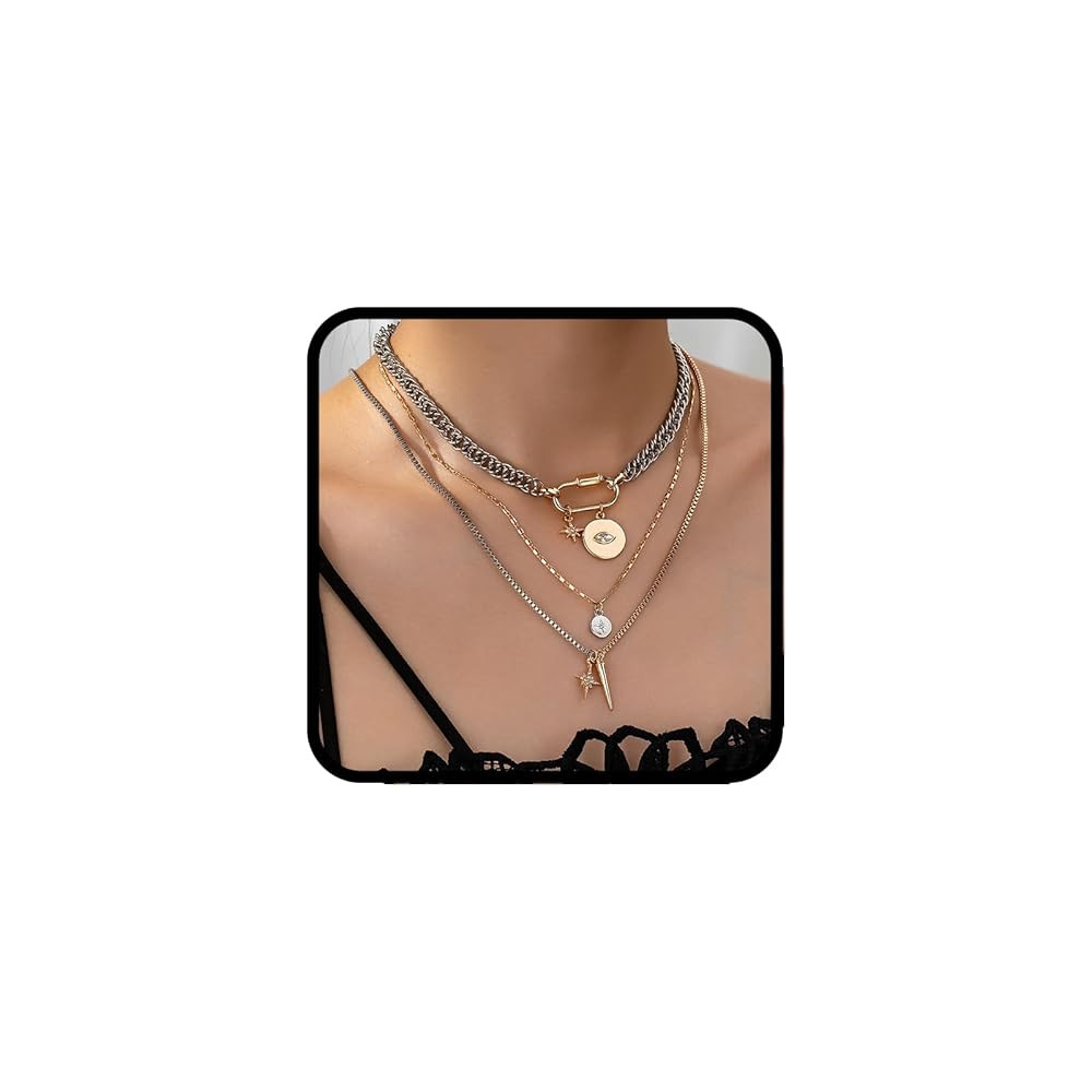 Gold Layered Necklaces For Women, 3PS Chunky Two Tone Necklace Silver Coin Pendant Paperclip Stac... | Amazon (US)