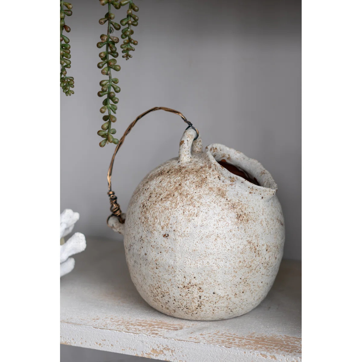 10X8.5X10.5" Hand-Pulled Decorative Ceramic Jug With Worn White Finish And Wire-Wrapped Handle | Wayfair North America