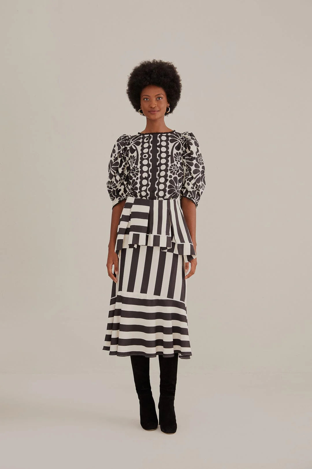 Black Mixed Stripes Midi Skirt | FarmRio (US)
