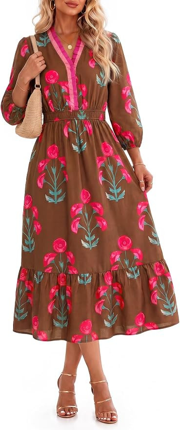 Wenrine Womens Long Sleeve Midi Dress Boho Floral V Neck Flowy Dresses | Amazon (US)