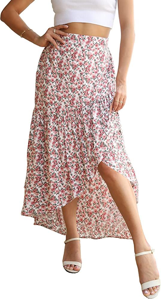 PRETTYGARDEN Womens Boho Floral Print Summer Dress Maxi Skirt High Low Ruffle Slit Casual High Waist | Amazon (US)