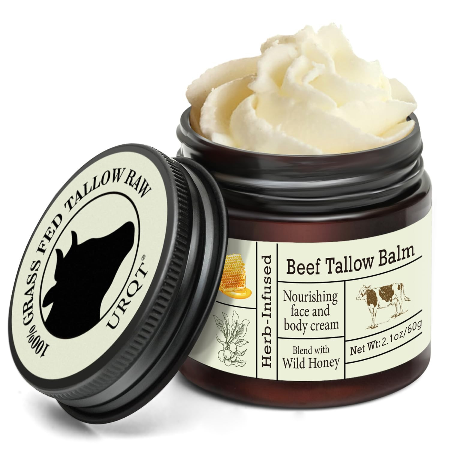 URQT Beef Tallow for Skin - Organic Grass-Fed Whipped Beef Tallow and Honey Balm - Deeply Moistur... | Amazon (US)