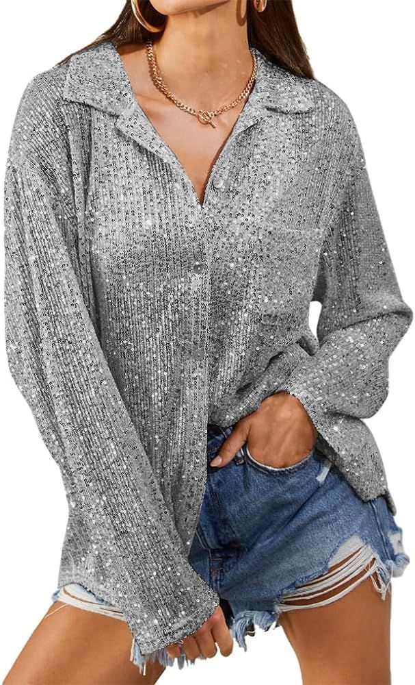 Sequin Button Front Shirt Women’s Dinner Blouse Silver Sequin Tops Sparkly Button Up Shirt Coll... | Amazon (US)