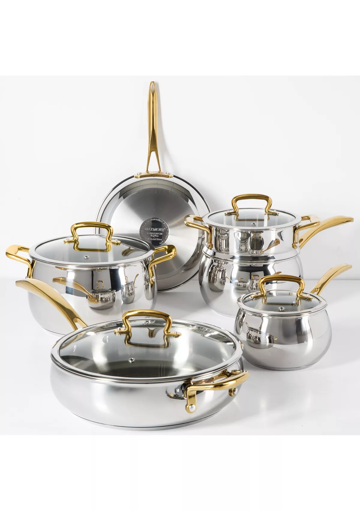10-Piece Stainless Steel Cookware Set with Gold Handles | Belk