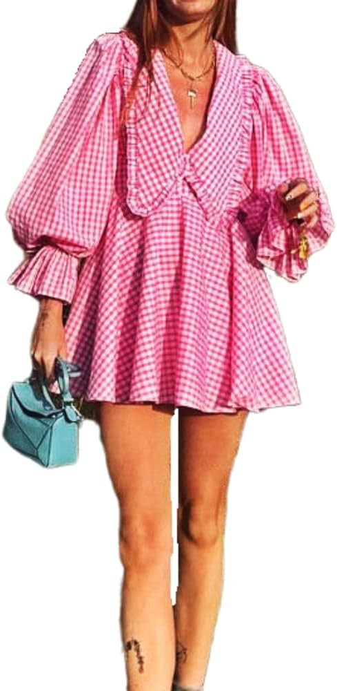 Pink Dress Barbiecore Mini Dress Plaid Pink Dress Gingham Dress Hot Cute Checkered Dress Barbieco... | Amazon (US)