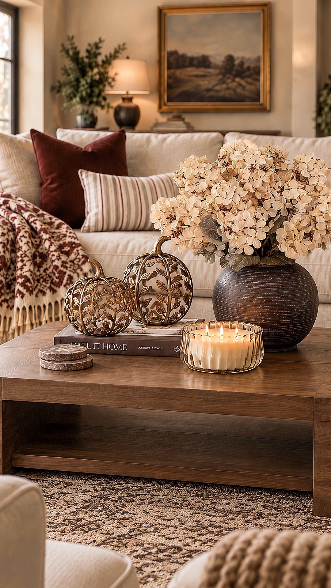 Affordable fall home decor from Walmart, Target + Amazon 🍁 These cozy fall living room finds are perfect for an easy seasonal refresh. I mixed burgundy throw pillows, neutral pillows, a patterned fall blanket, brass pumpkins, faux hydrangeas and warm wood tones for a modern organic fall look.

#LTKSaleAlert #LTKHome #LTKSeasonal