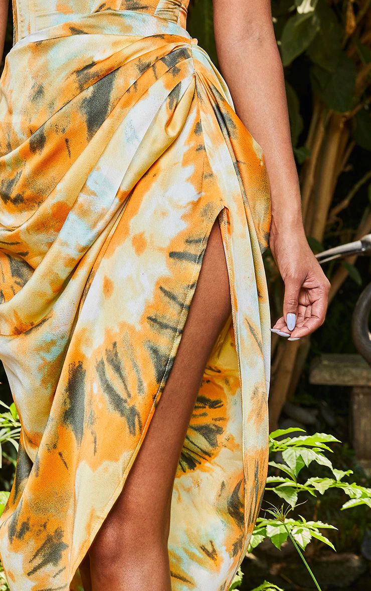 Orange Tie Dye Ruched Side Midi Skirt | PrettyLittleThing US