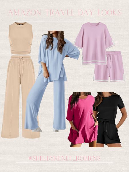 Amazon travel day looks, travel day ootd, travel style, Amazon lounge sets, comfy lounge outfit, pink sweater set, pink romper, black romper, neutral set, blue oversized tee, loungewear 

#LTKSeasonal #LTKTravel #LTKHome